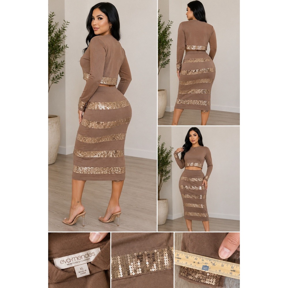 Eva Mendes XL Brown Sequin 2 Piece Crop Top & Midi Skirt Size M Set Women's